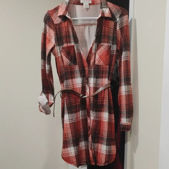 Plaid Shirt Dress in Red and White - Picture 1 of 1